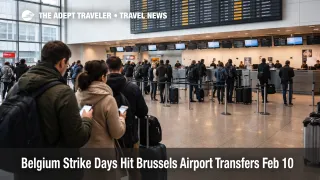 Belgium February 10 strike travel disruption shown by queues and limited counters inside Brussels Airport departures hall