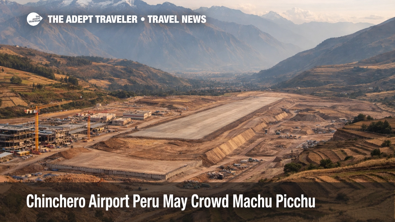 Chinchero airport Machu Picchu access plan shown by runway earthworks above Peru's Sacred Valley
