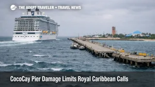 CocoCay pier damage limits docking as a cruise ship approaches Perfect Day at CocoCay under gray skies
