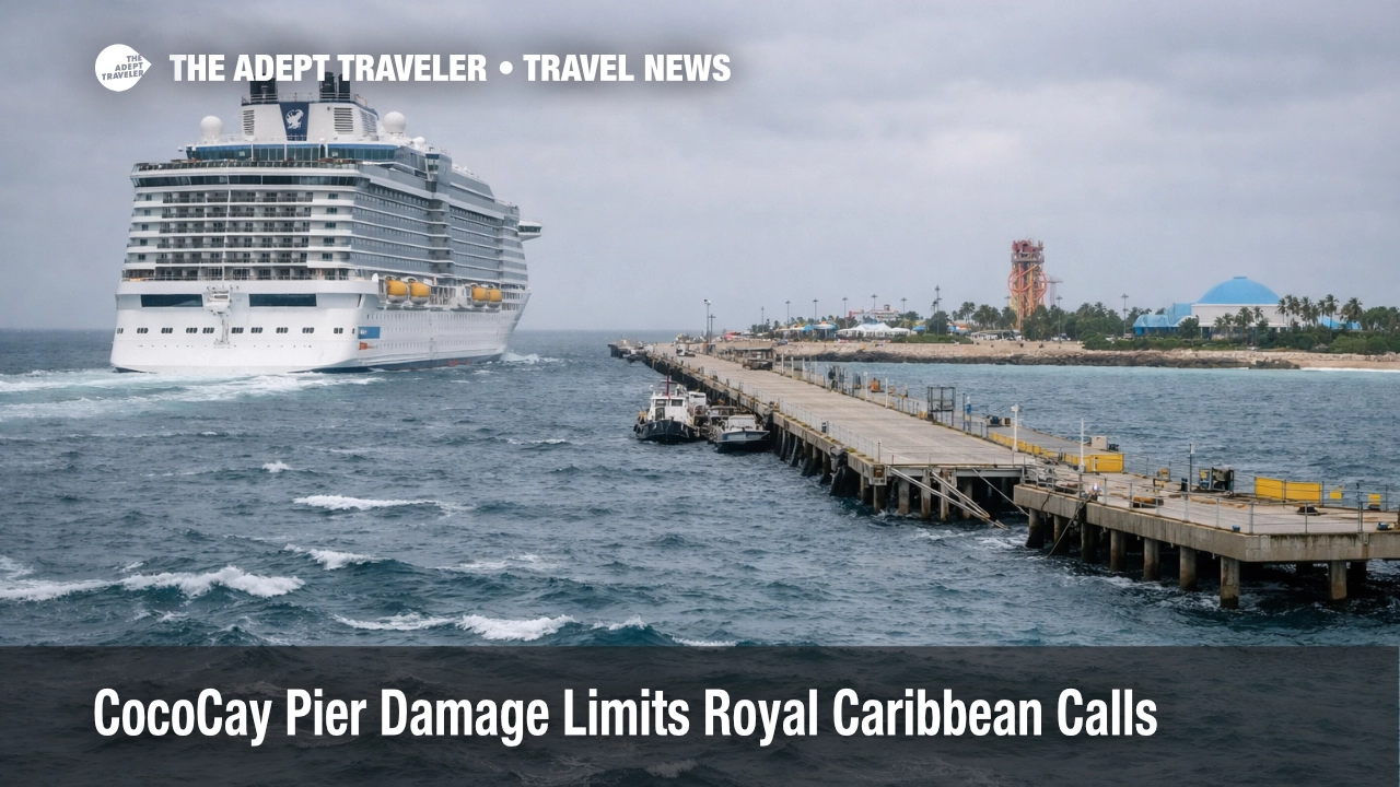 CocoCay pier damage limits docking as a cruise ship approaches Perfect Day at CocoCay under gray skies