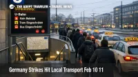 Germany strikes local transport, travelers queue for taxis outside Munich transit as reduced U Bahn and tram service slows transfers