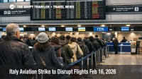 Italy aviation strike Feb 16 shows long check in queues and delayed flights at Rome Fiumicino departures hall
