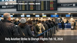 Italy aviation strike Feb 16 shows long check in queues and delayed flights at Rome Fiumicino departures hall