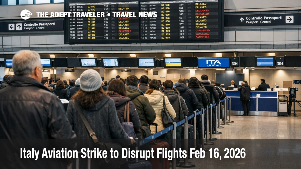 Italy aviation strike Feb 16 shows long check in queues and delayed flights at Rome Fiumicino departures hall