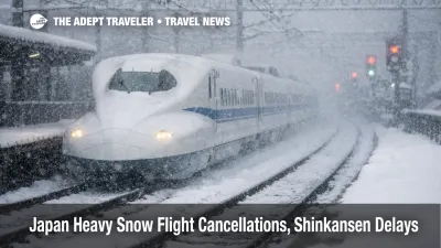  Japan heavy snow flight cancellations Shinkansen delays as a bullet train pushes through blowing snow near a station