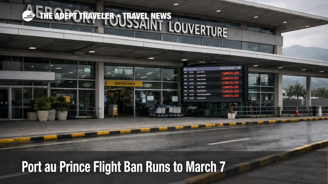 Port au Prince flight ban shown by canceled departures at Toussaint Louverture Airport as travelers reroute