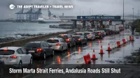 Storm Marta Strait ferries, vehicle queues outside Algeciras port as crossings restart unevenly under wet, windy skies