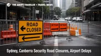 Sydney Canberra security road closures force detours, showing barricaded CBD street and blocked access routes for travelers
