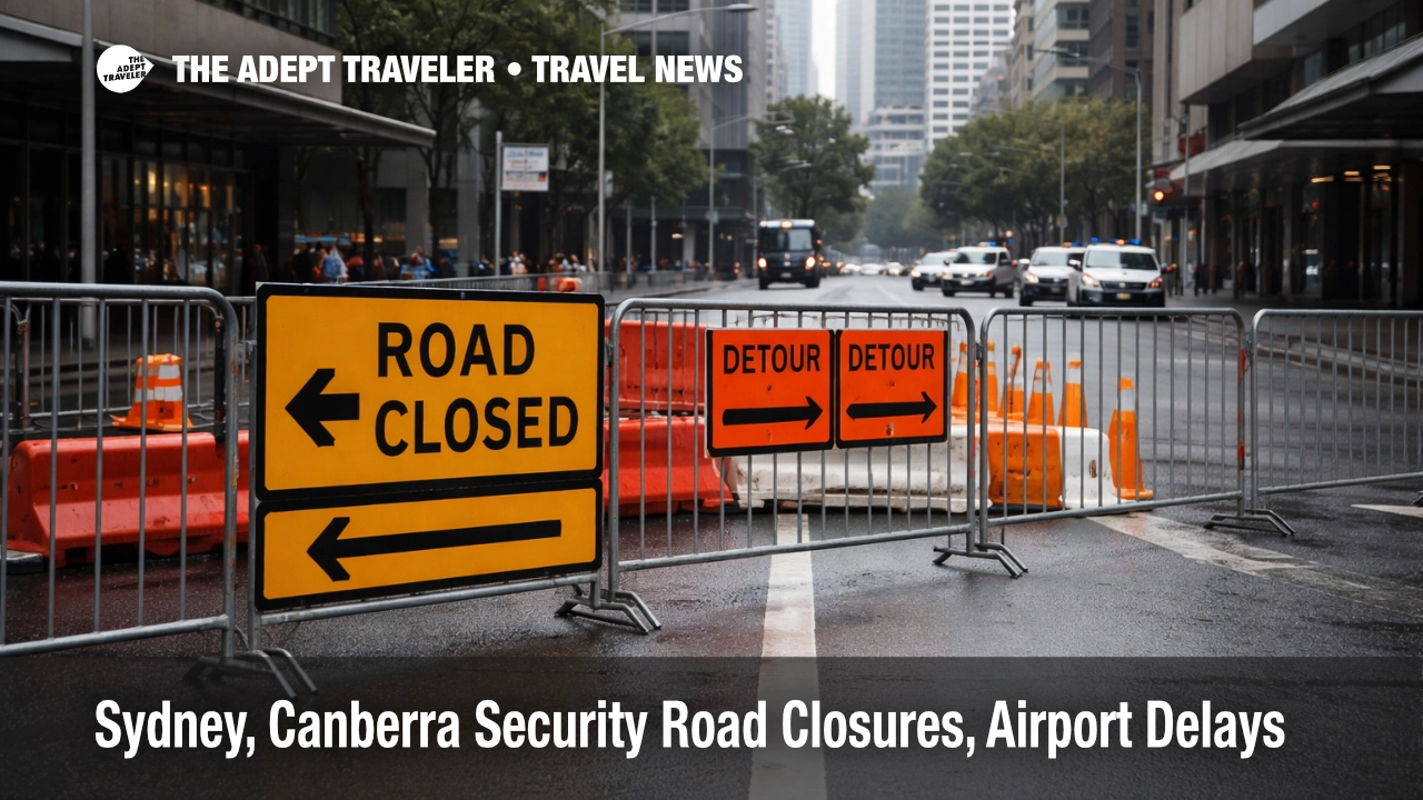 Sydney Canberra security road closures force detours, showing barricaded CBD street and blocked access routes for travelers