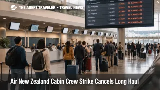 Air New Zealand strike long haul shows cancelled flights on the Auckland Airport departures board, and passengers waiting