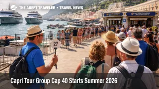 Capri tour group cap shown at Marina Grande, smaller guided groups queue quietly near the funicular