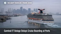 Carnival IT outage delays cruise boarding, as a cruise ship departs PortMiami after a late turnaround under gray skies