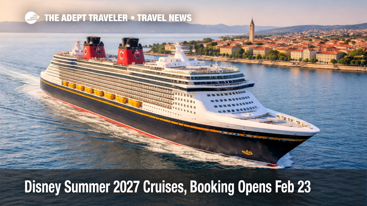 Disney summer 2027 cruise bookings, a cruise ship sails off Zadar as Europe itineraries drive early demand