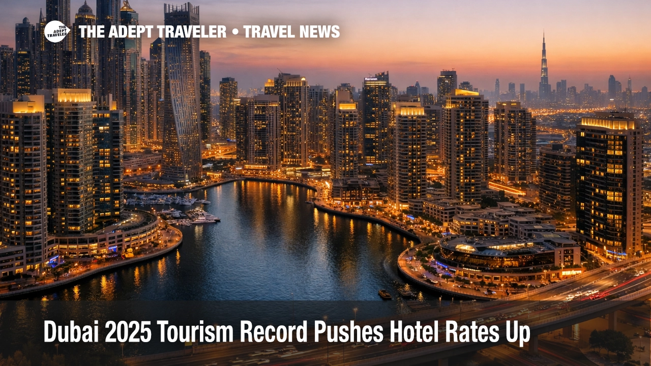 Dubai 2025 tourism record drives higher hotel rates, shown by packed Marina skyline and glowing hotel towers at dusk