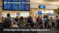 El Paso airport FAA halt shown on departures board as flights resume and travelers rebook inside the terminal