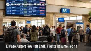 El Paso airport FAA halt shown on departures board as flights resume and travelers rebook inside the terminal