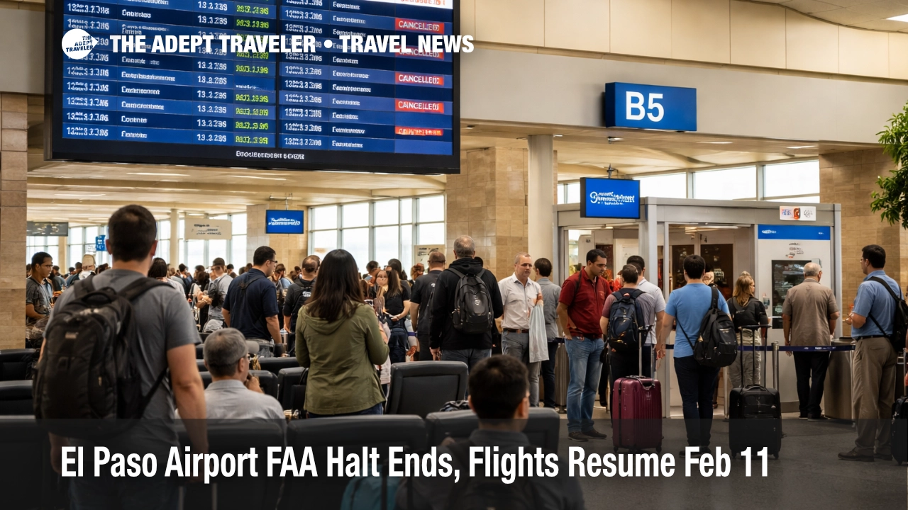 El Paso airport FAA halt shown on departures board as flights resume and travelers rebook inside the terminal