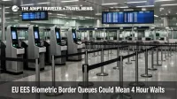EU EES biometric border queues shown by empty airport kiosks and queue lanes, signaling 4 hour wait risk