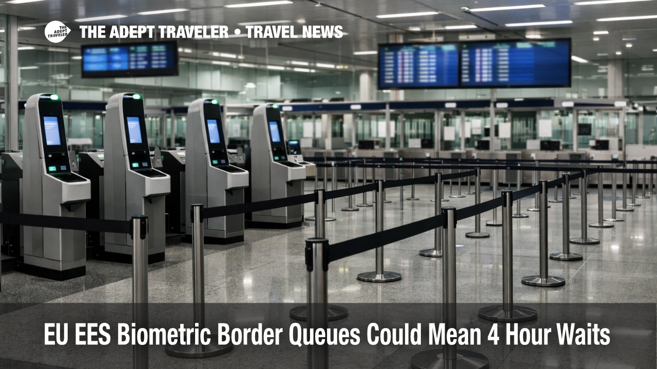 EU EES biometric border queues shown by empty airport kiosks and queue lanes, signaling 4 hour wait risk