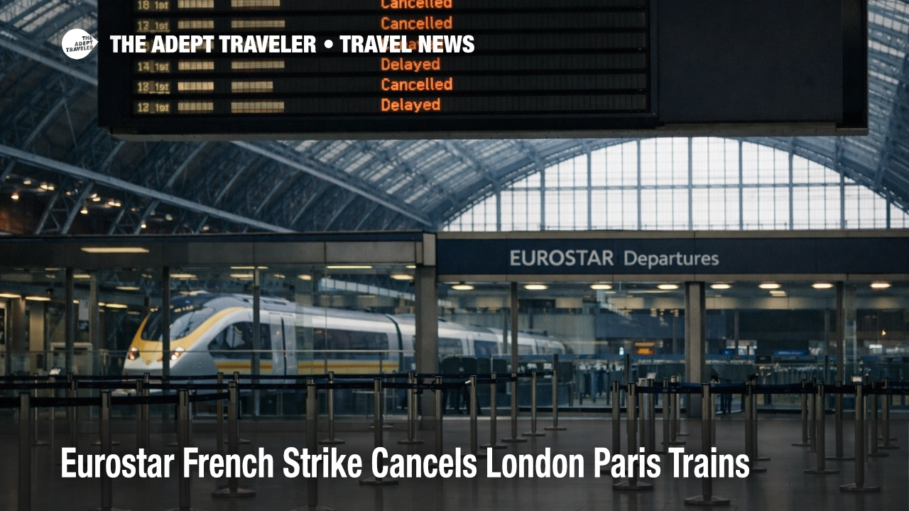 Eurostar London Paris disruption shown by delayed departure boards at St Pancras during French strike cancellations