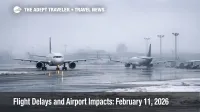 Flight delays February 11 2026, jets taxi slowly in gusty winds under low clouds as hubs face metering and longer connections