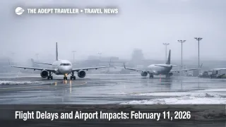 Flight delays February 11 2026, jets taxi slowly in gusty winds under low clouds as hubs face metering and longer connections