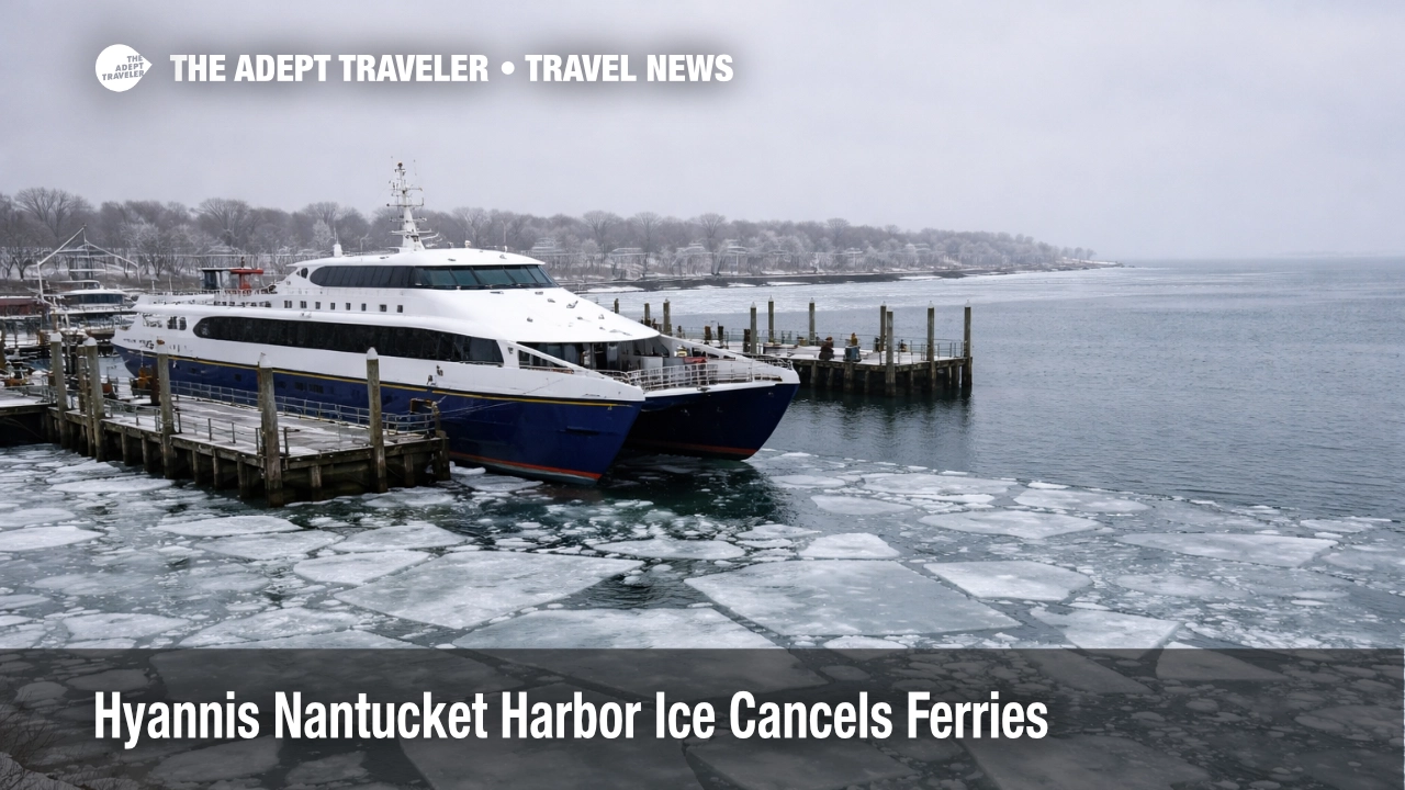 Hyannis Nantucket ferry ice blocks fast boats, a high speed ferry sits docked beside frozen harbor channel