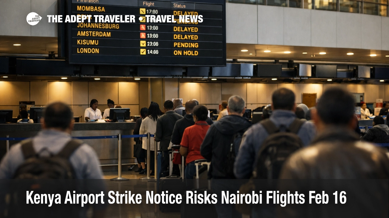 Kenya airport strike notice scene at JKIA shows long check in queues and delayed flights on the departures board