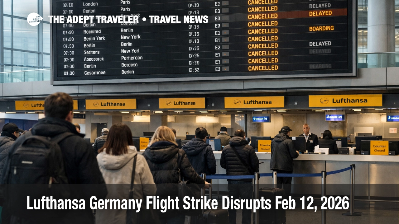 Lufthansa Germany flight strike shows cancellations on the Frankfurt Airport departures board as travelers reroute