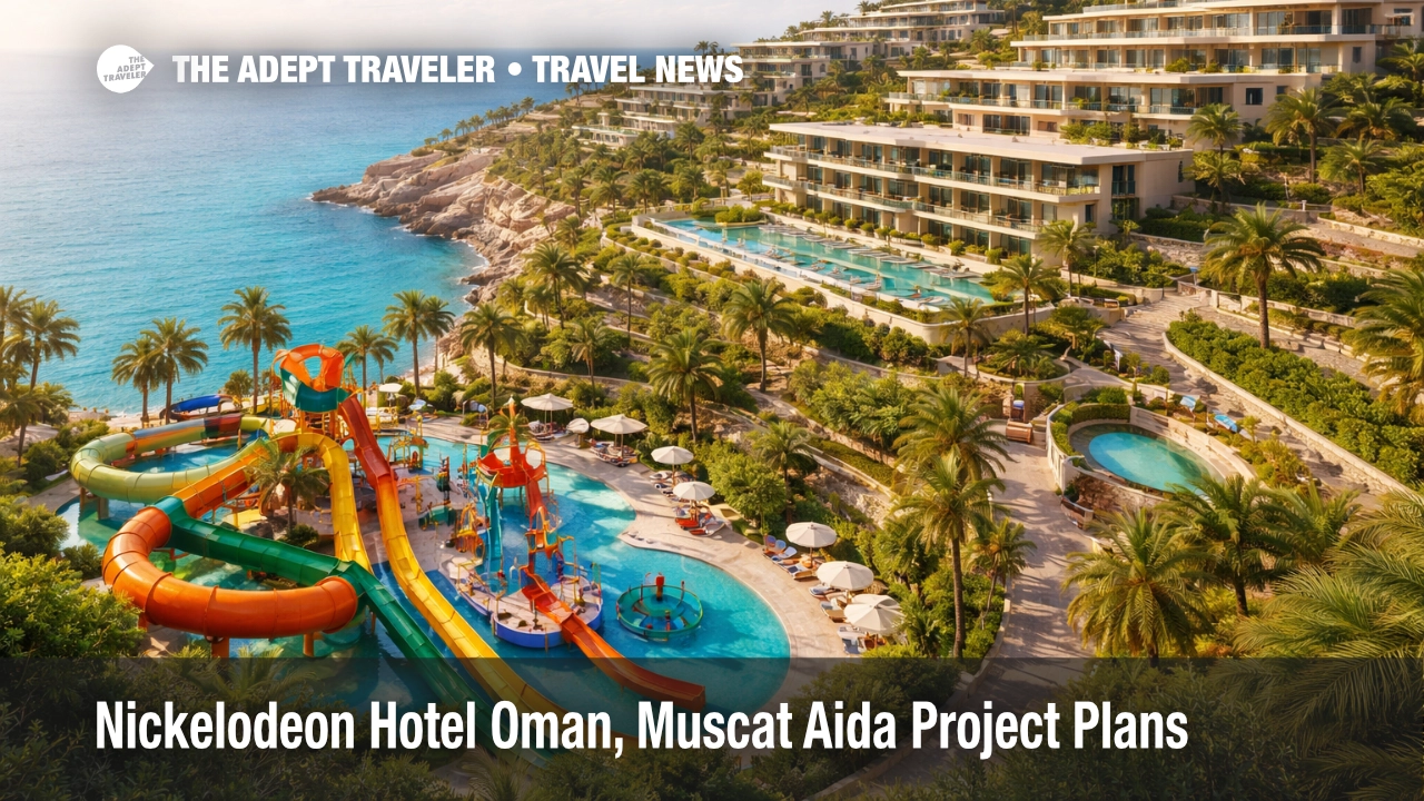 Nickelodeon Hotel Muscat concept shows clifftop resort and Aqua Nick slides at Dar Global's Aida, Oman