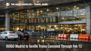 OUIGO Madrid Seville cancellations force travelers to pivot as rail disruption signage surrounds a major Madrid station entrance