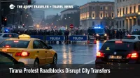 Tirana demonstrations road closures slow taxis on Dëshmorët e Kombit Boulevard, raising airport transfer delay risk