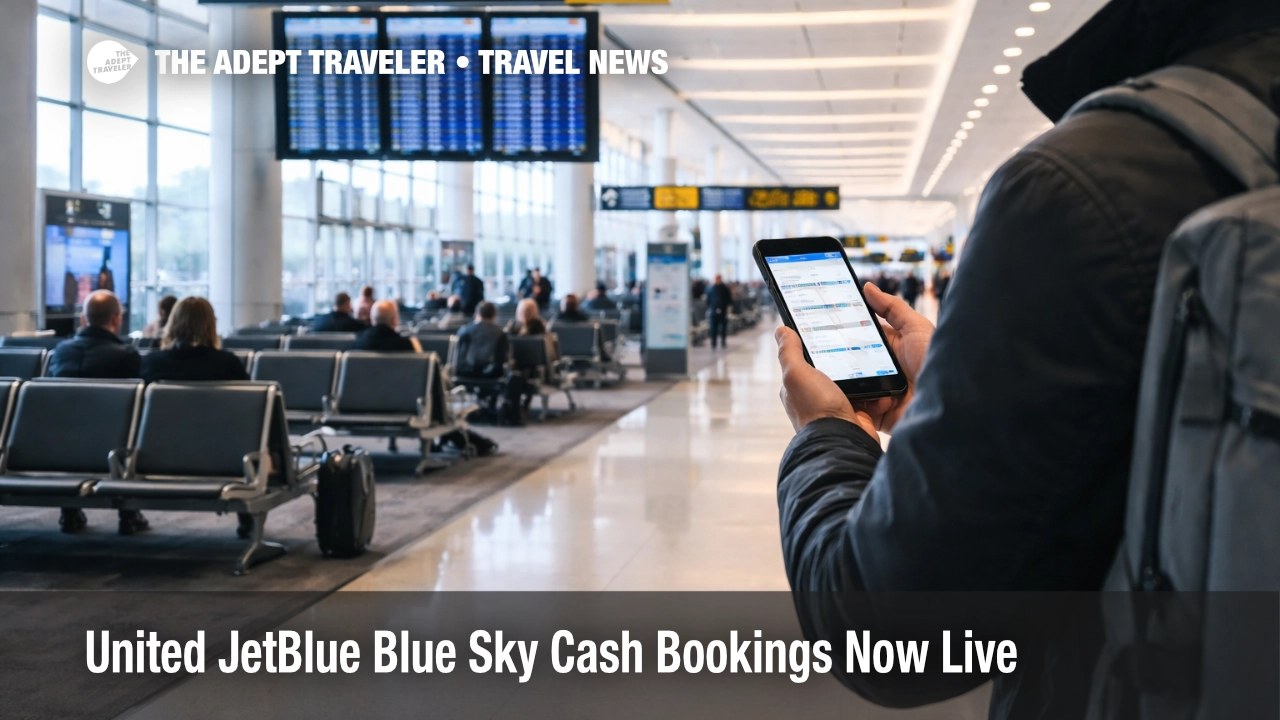 United JetBlue Blue Sky cash bookings shown as a traveler checks flight options on a phone in a JFK concourse