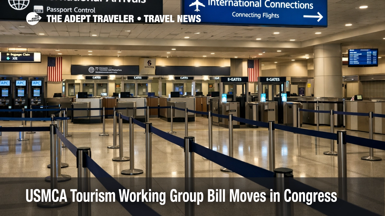 USMCA tourism working group scene at U.S. arrivals, empty lanes and booths signal cross border process changes