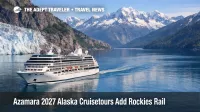 Azamara 2027 Alaska cruisetours planning, small cruise ship sailing past a glacier with mountains, signaling coast to Rockies add ons