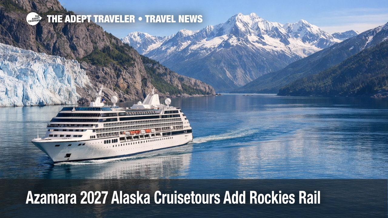 Azamara 2027 Alaska cruisetours planning, small cruise ship sailing past a glacier with mountains, signaling coast to Rockies add ons