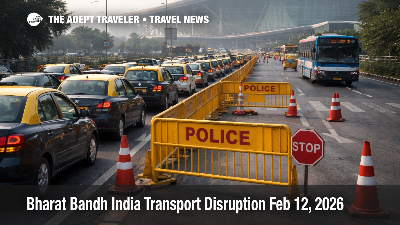 Bharat Bandh India transport disruption shown by blocked airport approach road and stalled taxis near a terminal entrance
