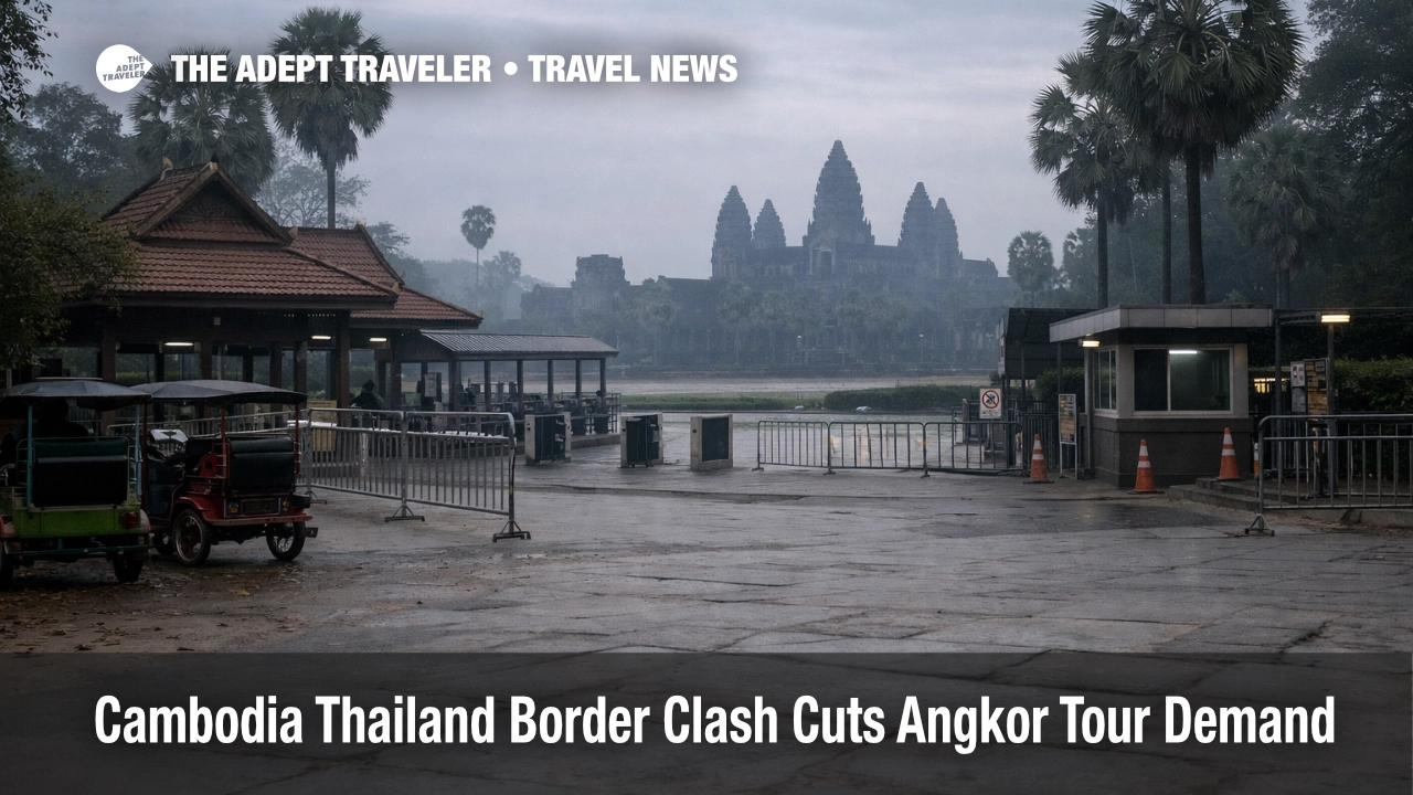 Angkor entrance area near Siem Reap looks quiet as Cambodia Thailand border conflict tours cut Angkor visits in January 2026