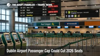Dublin Airport passenger cap shown by sparse check in hall and board, signaling tighter 2026 flight seat availability
