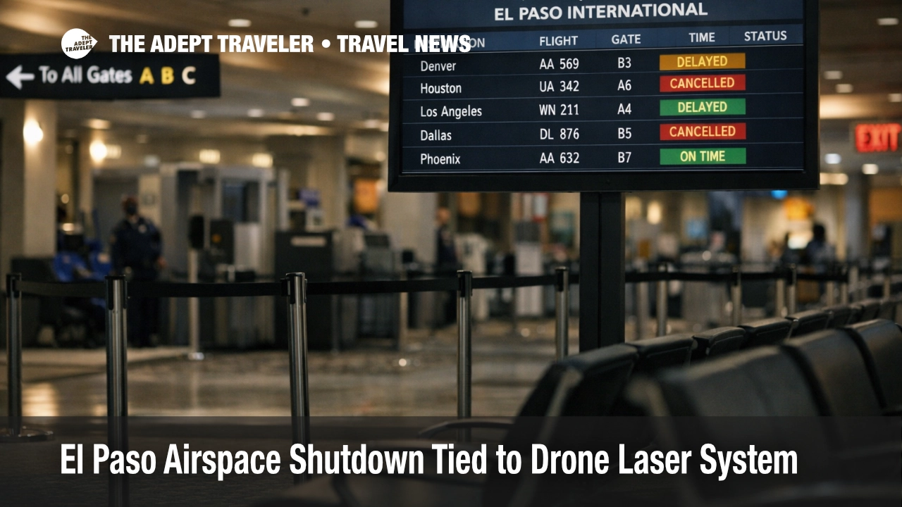 El Paso airspace shutdown shown on an ELP departures board as travelers face sudden cancellations and rebooking