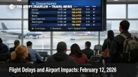 FAA flight delays February 12, travelers watch delayed departures at JFK as gusty winds slow New York area flights