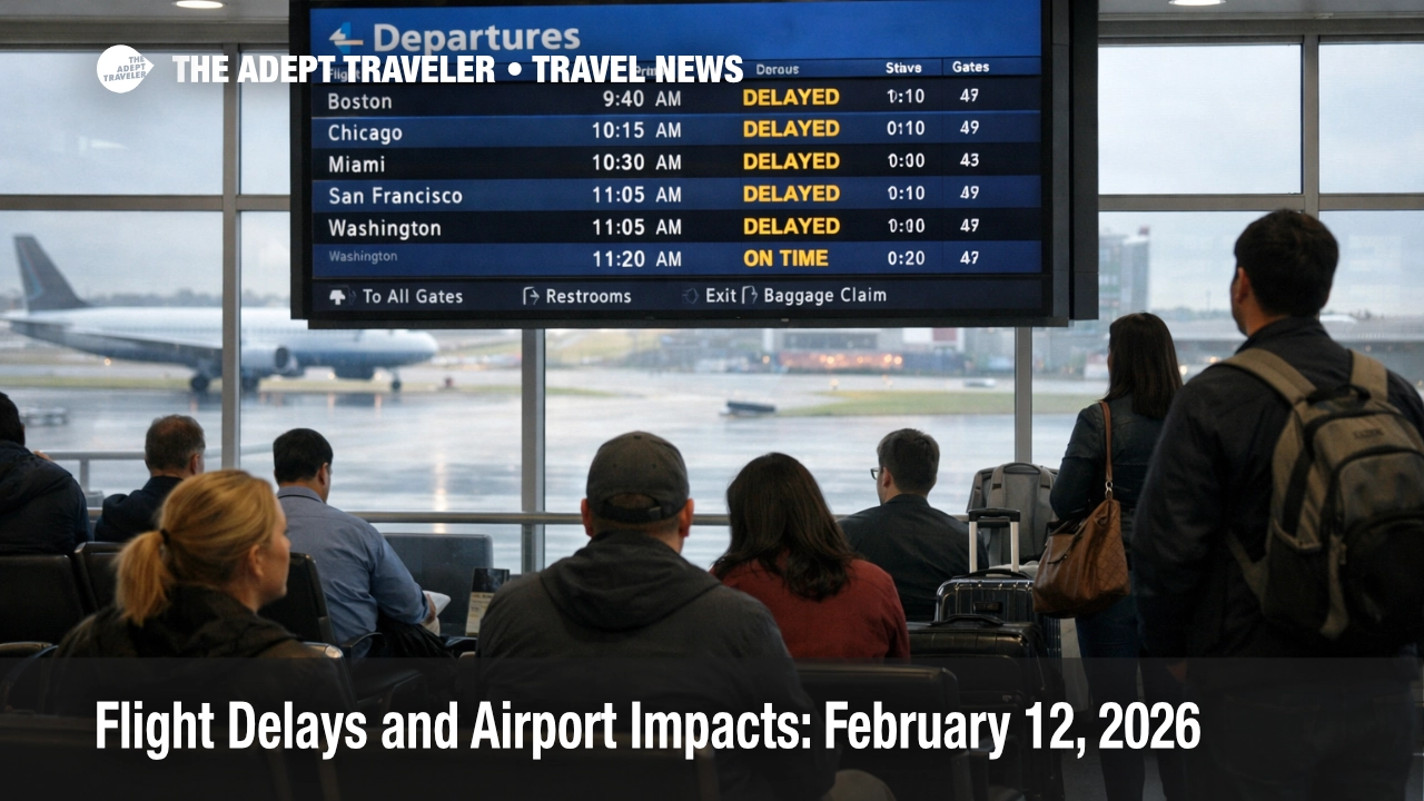 FAA flight delays February 12, travelers watch delayed departures at JFK as gusty winds slow New York area flights