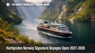 Hurtigruten Norway Signature voyages, MS Trollfjord sails a western fjord as travelers plan 2027 to 2028 departures