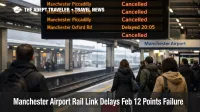 Manchester Airport rail link disruption shown by cancelled trains on the departures board at the airport station