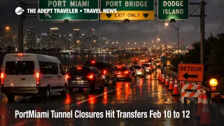 PortMiami tunnel closures slow Miami cruise transfers as vehicles queue toward the Port Bridge at night