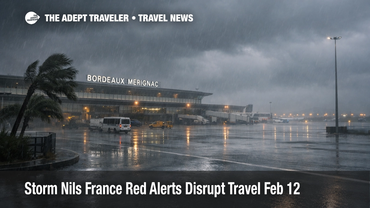 Storm Nils France travel disruption shown at Bordeaux Mérignac Airport with wind, rain, and wet ramps