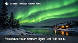 Yellowknife Yukon Northern Lights deal, aurora over snowy shoreline as travelers decide whether to book by Feb 13