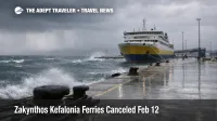 Zakynthos Kefalonia ferry cancellations shown by a stormy Kyllini harbor with rough seas and suspended crossings