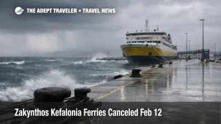 Zakynthos Kefalonia ferry cancellations shown by a stormy Kyllini harbor with rough seas and suspended crossings