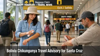 Bolivia chikungunya travel advisory, travelers in Santa Cruz airport use repellent and long sleeves to reduce bites